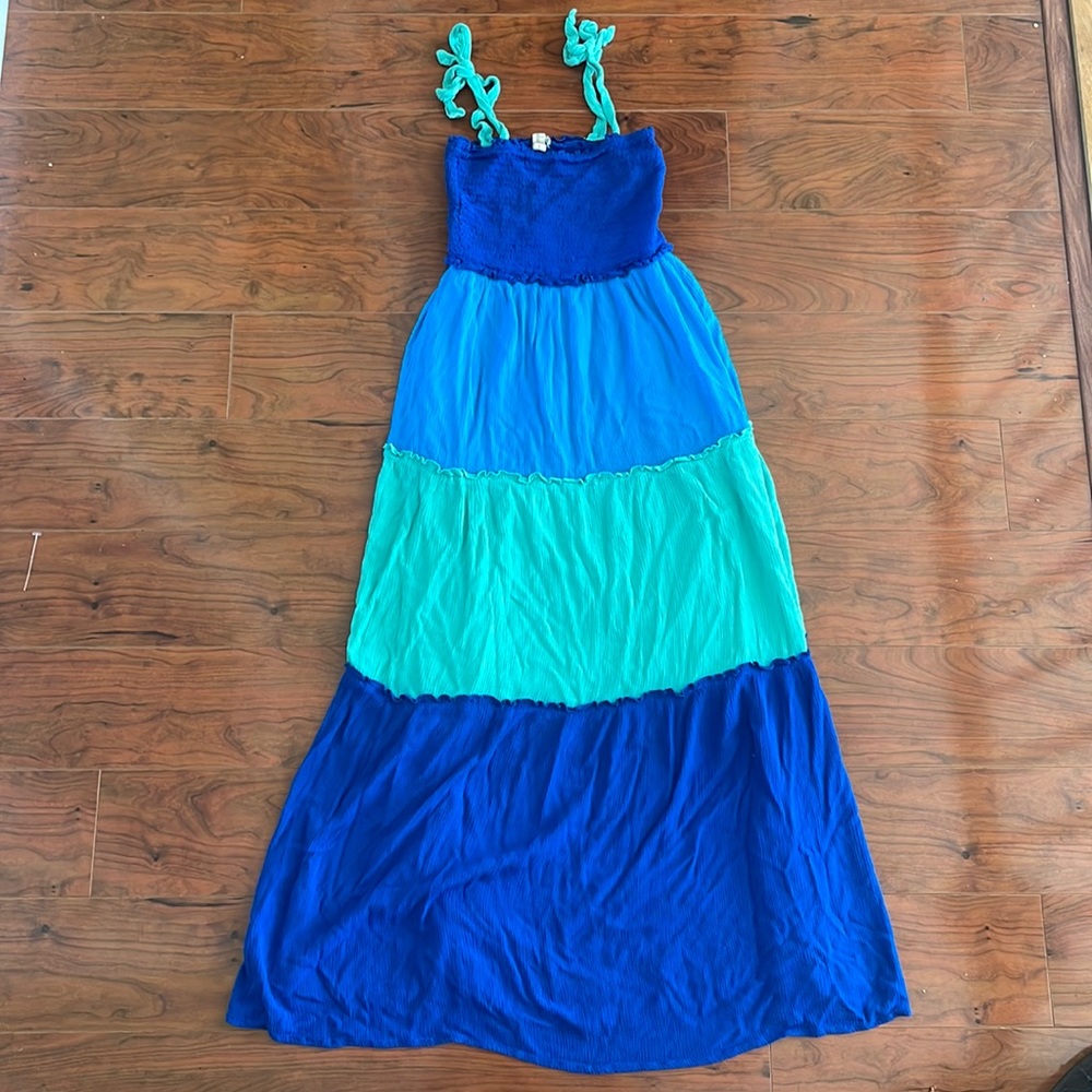 BeBop Blue and Green Color Block spaghetti strap Maxi Dress